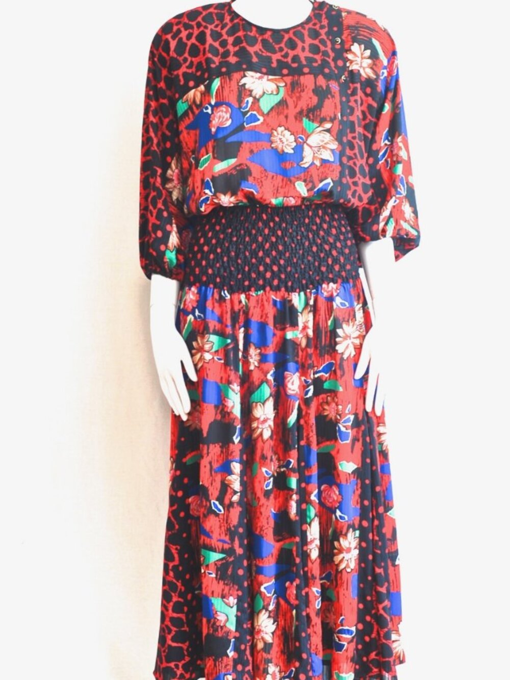 Diane Freis Original 1980's Printed Dress With Shirred Waist